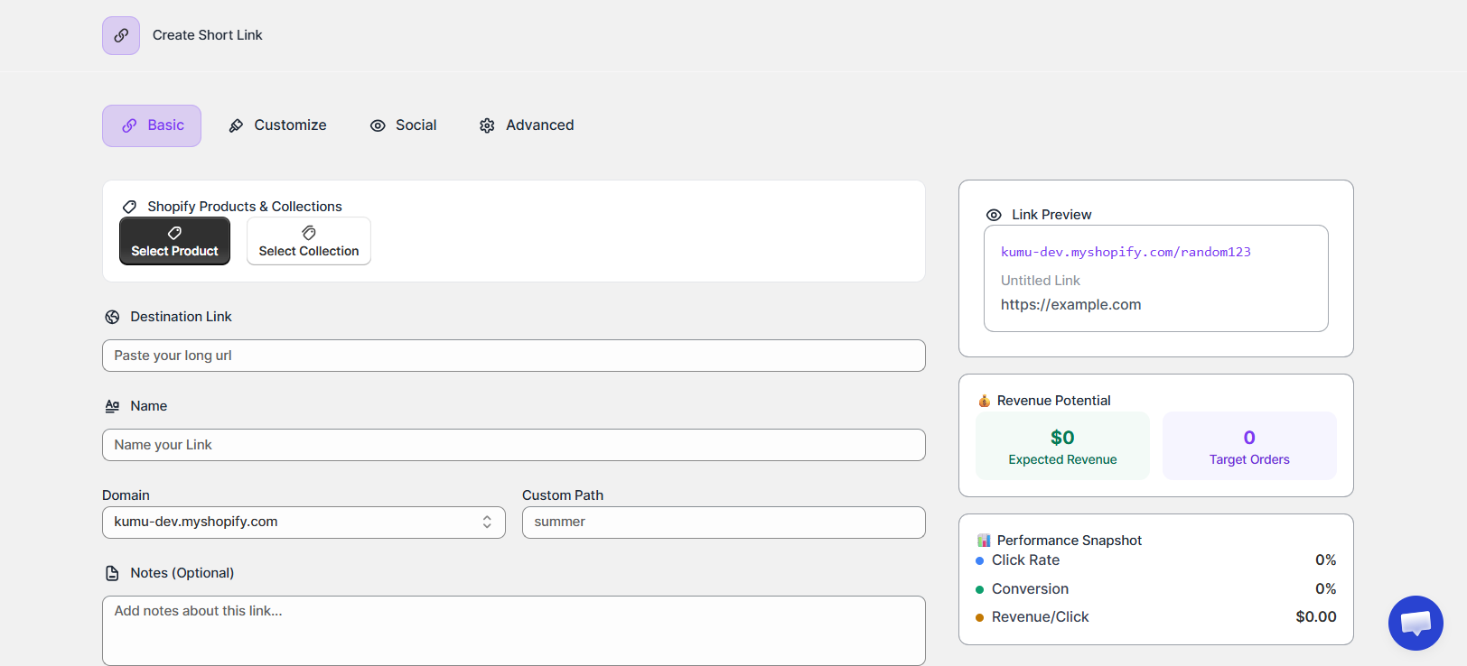 Link Squeeze Create Short Link Page