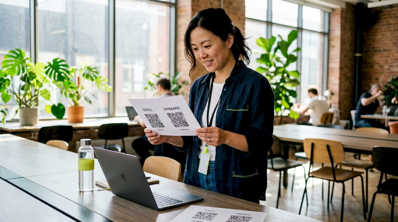 Business owner comparing static and dynamic QR codes