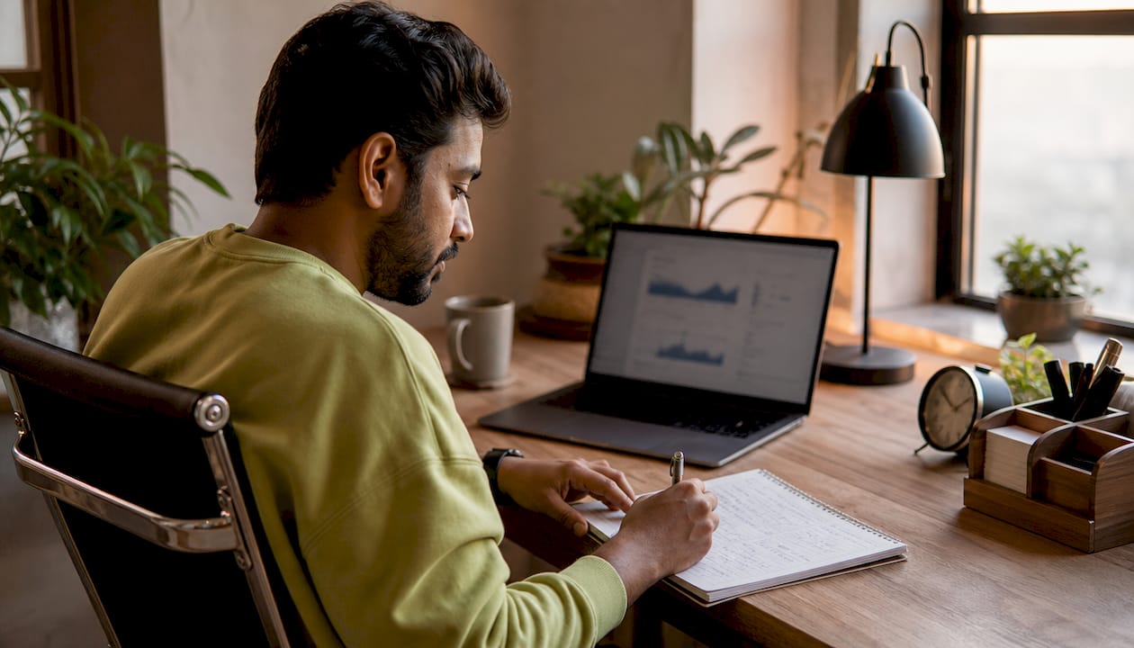 Entrepreneur reviewing Shopify sales analytics at desk