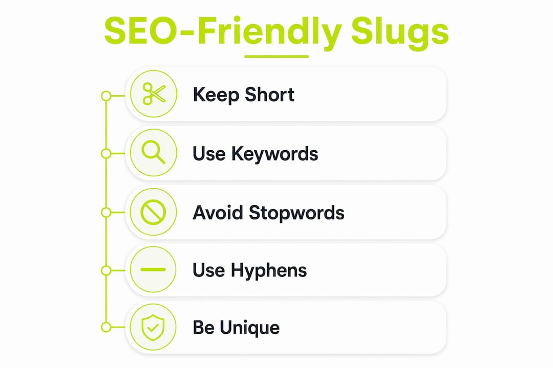 Infographic showing SEO-friendly URL slug tips in numbered steps